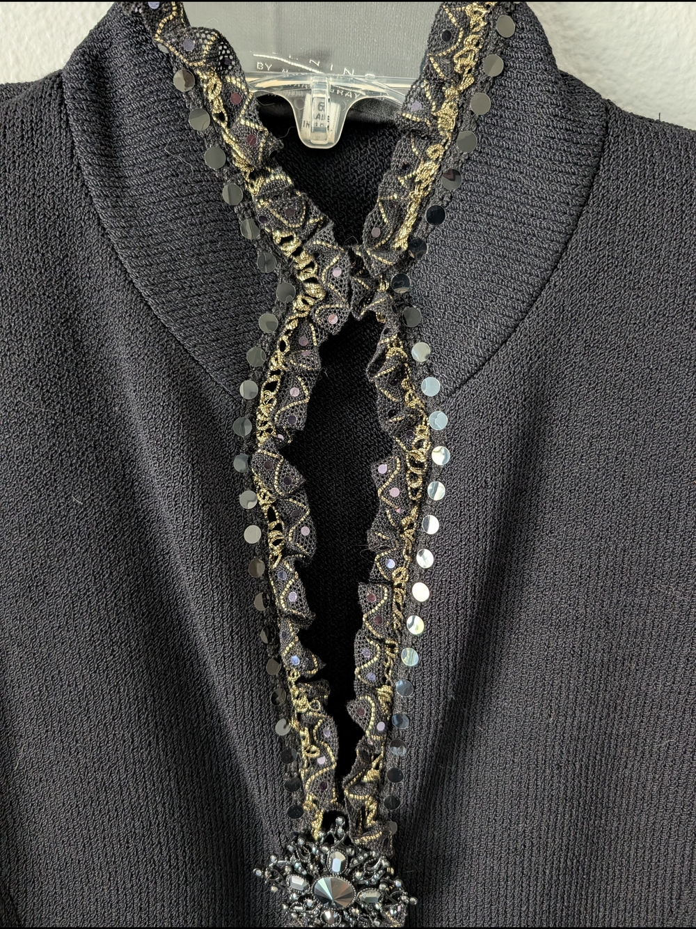 St. John Evening Knit Black And Gold Beaded Trim and  Removable Brooch